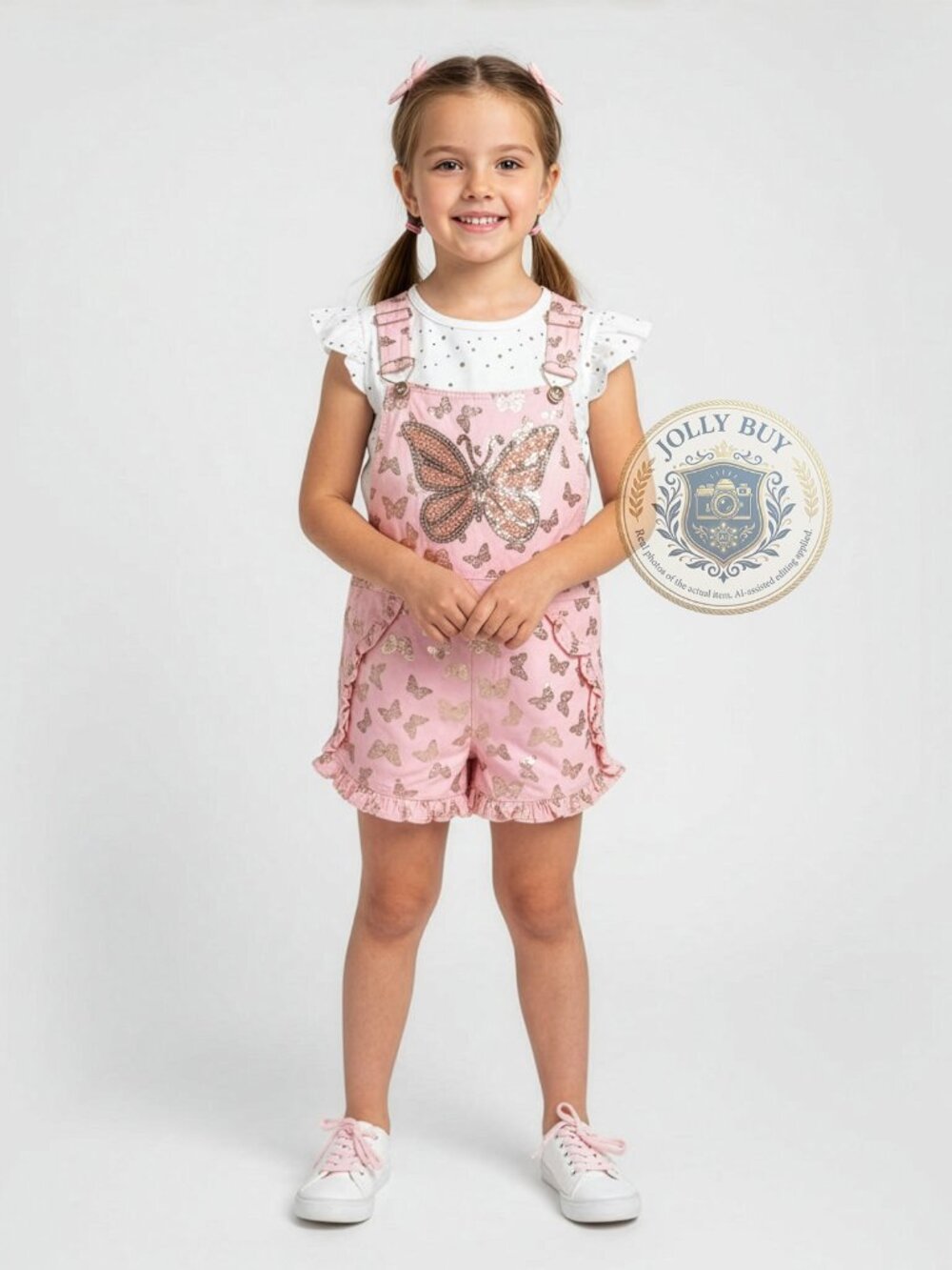 Little Lass Girls 2-Piece Set Denim Ruffled Overall Romper Shorts Shirt Coral